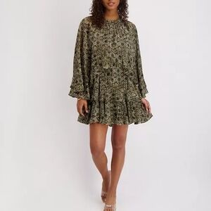 Kensie Olive Green Abstract Print Metallic Ruffle Volume Sleeve Tiered Mini Dres